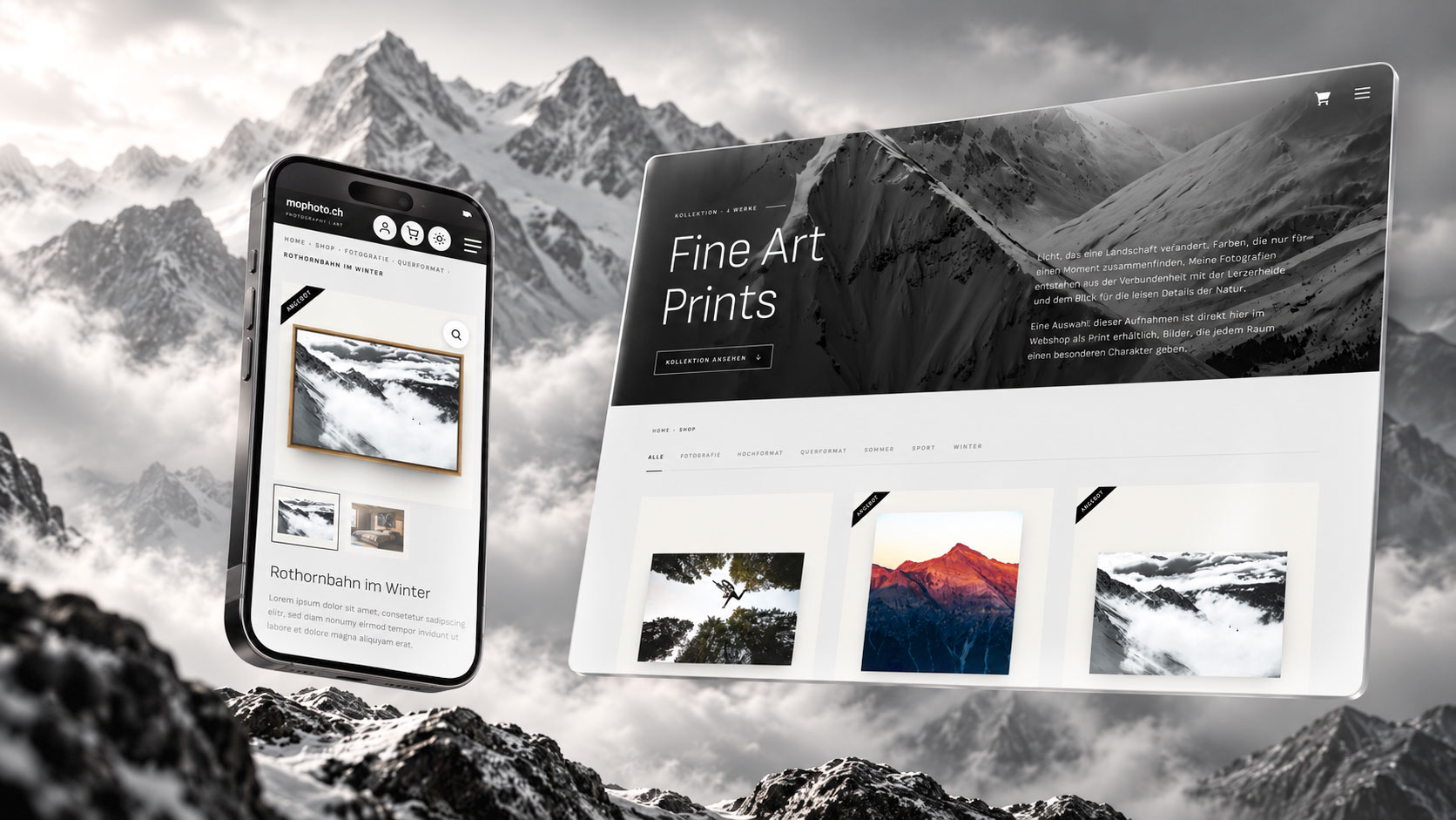 Website und Webshop für mophoto.ch auf Bildschirm und Smartphone